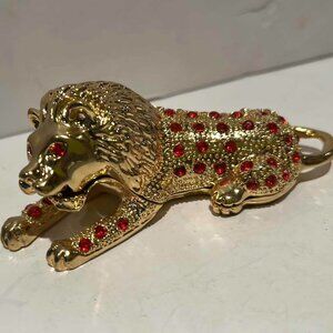 Bejeweled Lion Trinket Box in Gold Tone Embellished with Rhinestones